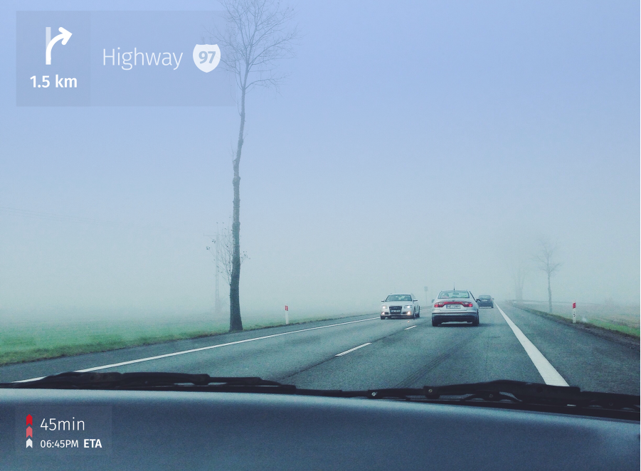 HUD directions on car's windscreen